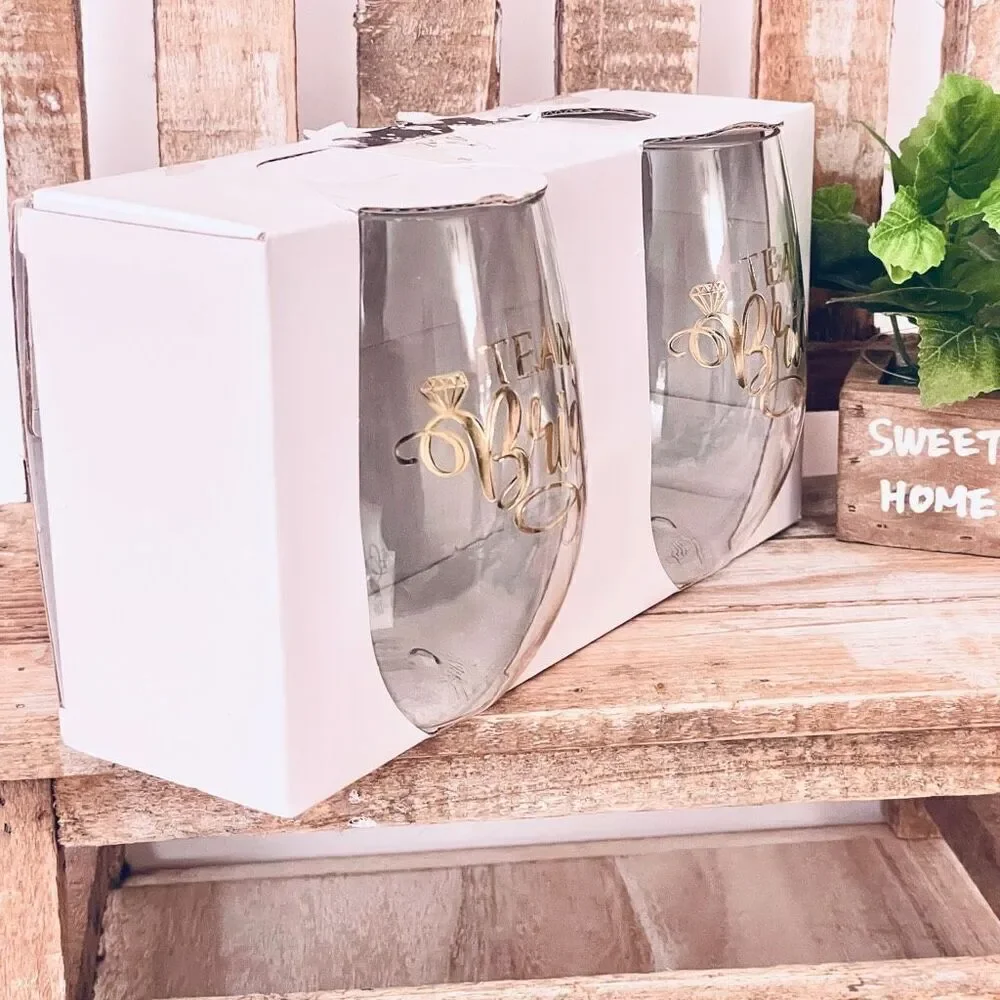 NWT Gorgeous Set of 2 Team Bride 2-Piece Stemless Wine Glass Bridesmaids Perfect
